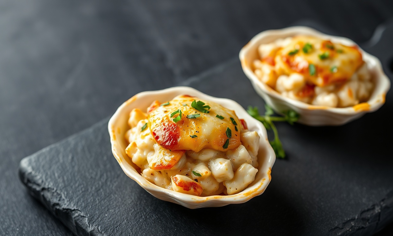 Duas conchinhas de cerâmica com recheio cremoso de siri, cobertas por uma camada dourada de queijo parmesão gratinado, decoradas com salsinha fresca picada.