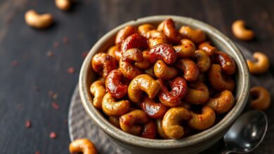 Tigela com castanhas de caju douradas e caramelizadas, com brilho agridoce e toques de especiarias.