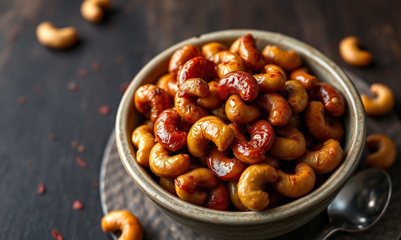 Tigela com castanhas de caju douradas e caramelizadas, com brilho agridoce e toques de especiarias.
