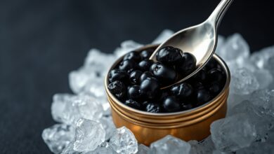 Ovas de esturjão escuras e brilhantes servidas em um pote sobre gelo, com colher de madrepérola ao lado.