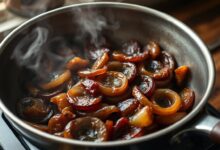 Fatias de cebola caramelizadas, de cor castanho-escura e macias, em uma frigideira de aço inox, prontas para serem servidas sobre um hambúrguer.