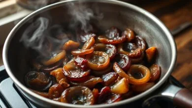 Fatias de cebola caramelizadas, de cor castanho-escura e macias, em uma frigideira de aço inox, prontas para serem servidas sobre um hambúrguer.