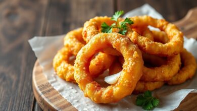 Anéis de cebola dourados e estaladiços, perfeitos para petisco