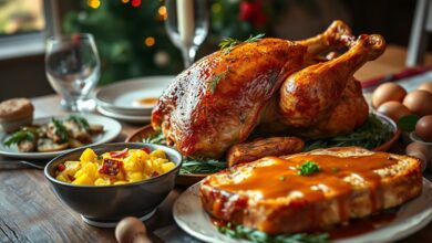 Mesa de Natal com peru assado dourado e suculento, farofa solta e rabanada caramelada, representando a tradição brasileira.