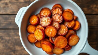 Rodelas de cenoura caramelizadas, com um brilho aveludado de manteiga e bordas levemente douradas.