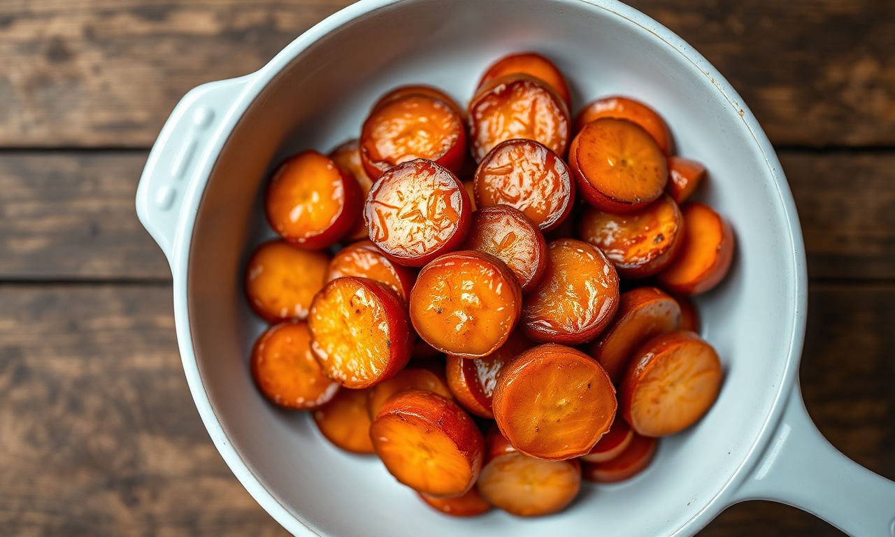 Rodelas de cenoura caramelizadas, com um brilho aveludado de manteiga e bordas levemente douradas.