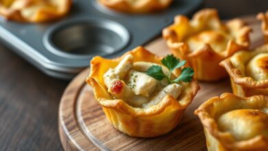 Cestinhas douradas e crocantes, assadas em forminhas de cupcake, prontas para rechear, com visual elegante e apetitoso.