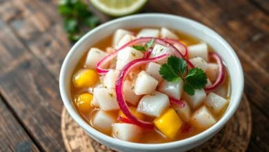 Ceviche vibrante e fresco em prato de cerâmica branca, com cubos de peixe branco opacos, anéis de cebola roxa, cubos de pimentão amarelo e folhas de coentro, regado com azeite.