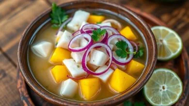 Tigela de ceviche fresco com cubos de peixe branco opaco, manga amarela vibrante e anéis de cebola roxa, servido em uma tigela de barro sobre uma mesa de madeira rústica.