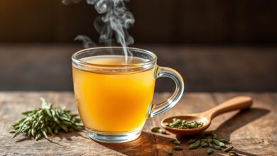 Xícara de chá mate com cor dourada clara e transparente, servida quente com aroma herbáceo visível, ao lado de folhas de erva-mate e uma colher de pau.