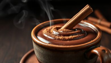 Tigela de champurrado espesso, aveludado e quente, decorado com canela em pó e um pau de canela ao lado.