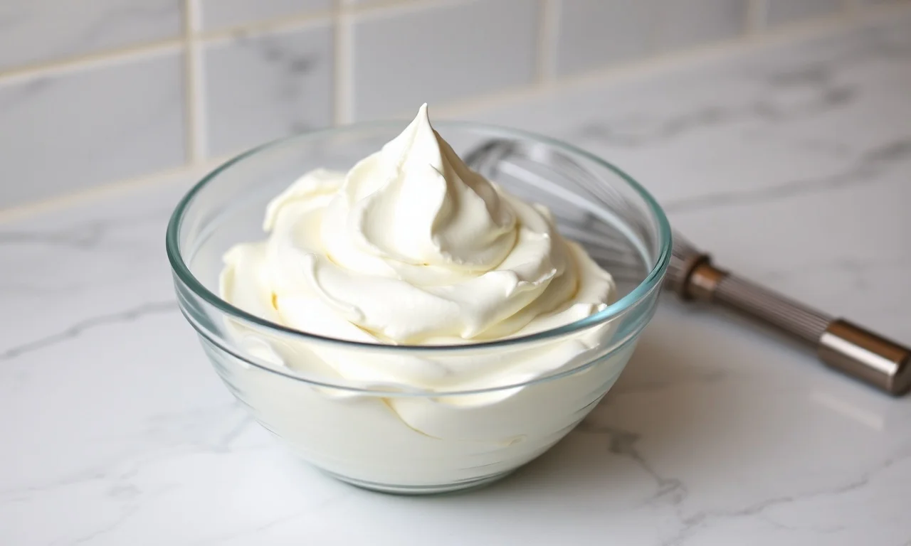Tigela de vidro com chantilly branco, firme e brilhante, com picos que não tombam, pronto para uso.
