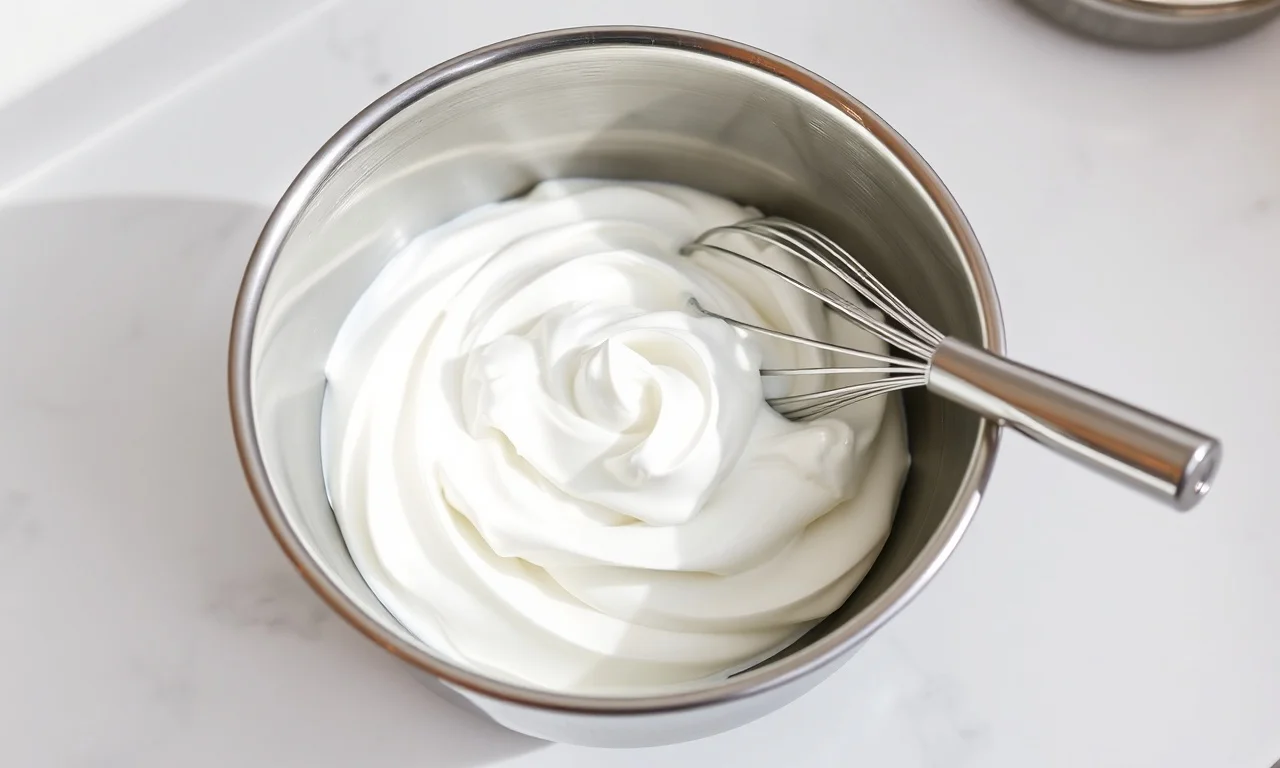 Chantilly Talhou: Como Salvar Em 5 Min (Guia Definitivo) 3 Tigela de aço inox com chantilly branco, firme e com picos suaves, demonstrando o resultado perfeito após a correção.