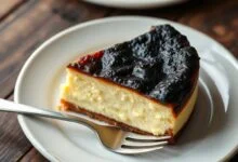 Fatia de cheesecake basco com topo caramelizado e centro cremoso, pronta para servir.