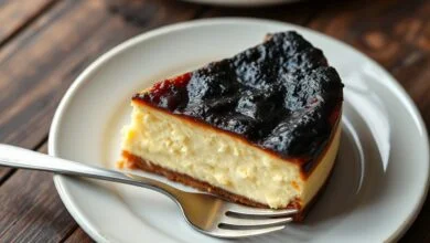 Cheesecake Basco Cremoso: Receita Fácil Em 50 Minutos 8 Fatia de cheesecake basco com topo caramelizado e centro cremoso, pronta para servir.
