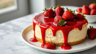 Cheesecake cremoso com base de biscoito dourada, coberto por uma calda de morango vibrante e brilhante que escorre suavemente pelas laterais.