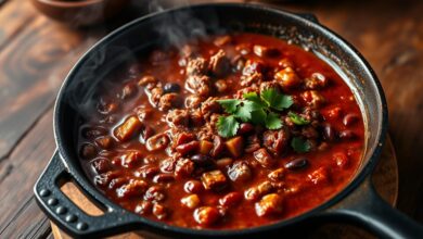 Um chili com carne encorpado, com pedaços de carne moída, feijão roxinho e um molho de tomate denso e brilhante, servido em uma panela de ferro fundo.