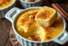 Sobremesa cremosa e dourada, fatiada sobre louça de porcelana branca.