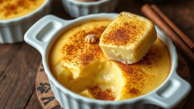 Sobremesa cremosa e dourada, fatiada sobre louça de porcelana branca.