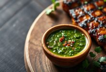 Molho chimichurri argentino fresco em tigela de cerâmica, com folhas de salsinha picadas, flocos de pimenta vermelha e azeite brilhante, pronto para acompanhar carnes grelhadas.