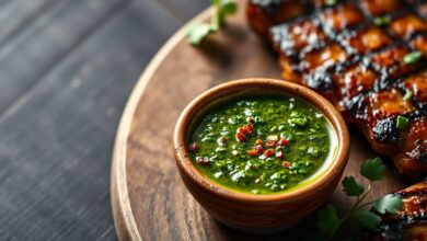 Molho chimichurri argentino fresco em tigela de cerâmica, com folhas de salsinha picadas, flocos de pimenta vermelha e azeite brilhante, pronto para acompanhar carnes grelhadas.