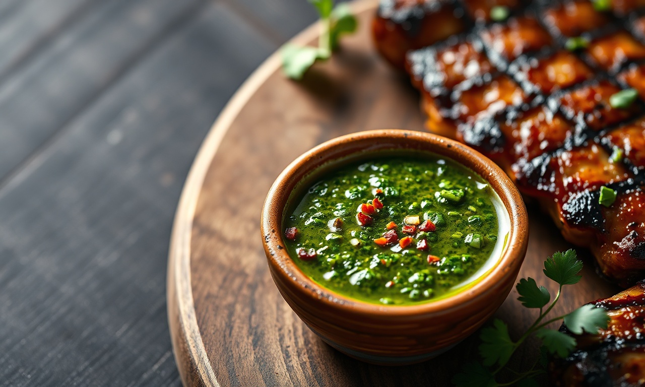 Molho chimichurri argentino fresco em tigela de cerâmica, com folhas de salsinha picadas, flocos de pimenta vermelha e azeite brilhante, pronto para acompanhar carnes grelhadas.