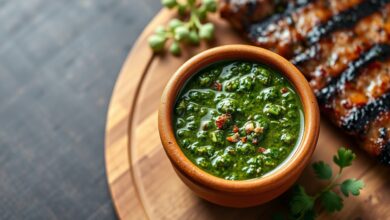 Molho chimichurri vibrante e rústico em tigela de cerâmica, com folhas de salsinha fresca visíveis, pedaços de alho e azeite dourado, pronto para acompanhar carnes grelhadas.