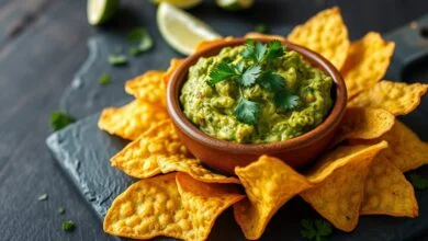 Chips dourados e crocantes ao redor de guacamole cremoso, prato perfeito para happy hour.