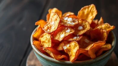 Tigela com chips de batata doce dourados, crocantes e levemente ondulados.