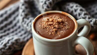 Caneca de chocolate quente espesso e aveludado, com uma pitada de canela por cima, emanando vapor.
