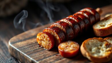 Fatias de chouriço artesanal na grelha, com a casca dourada e levemente estalada, a gordura caramelizada brilhando e pequenas marcas de grelha escuras.