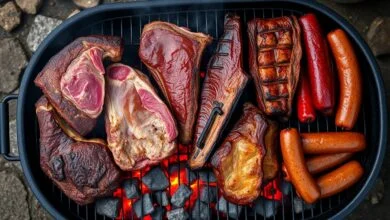 A grelha recheada com os diferentes cortes de carne dourados e suculentos sobre brasas vibrantes.