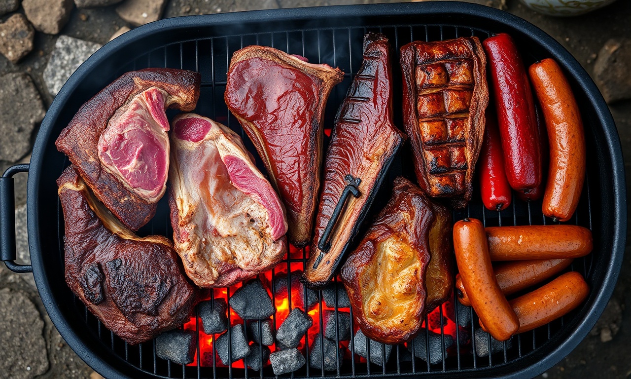 A grelha recheada com os diferentes cortes de carne dourados e suculentos sobre brasas vibrantes.