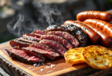 Tábua rústica com cortes variados de carne grelhada e pão de alho