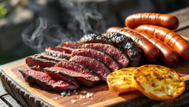 Tábua rústica com cortes variados de carne grelhada e pão de alho