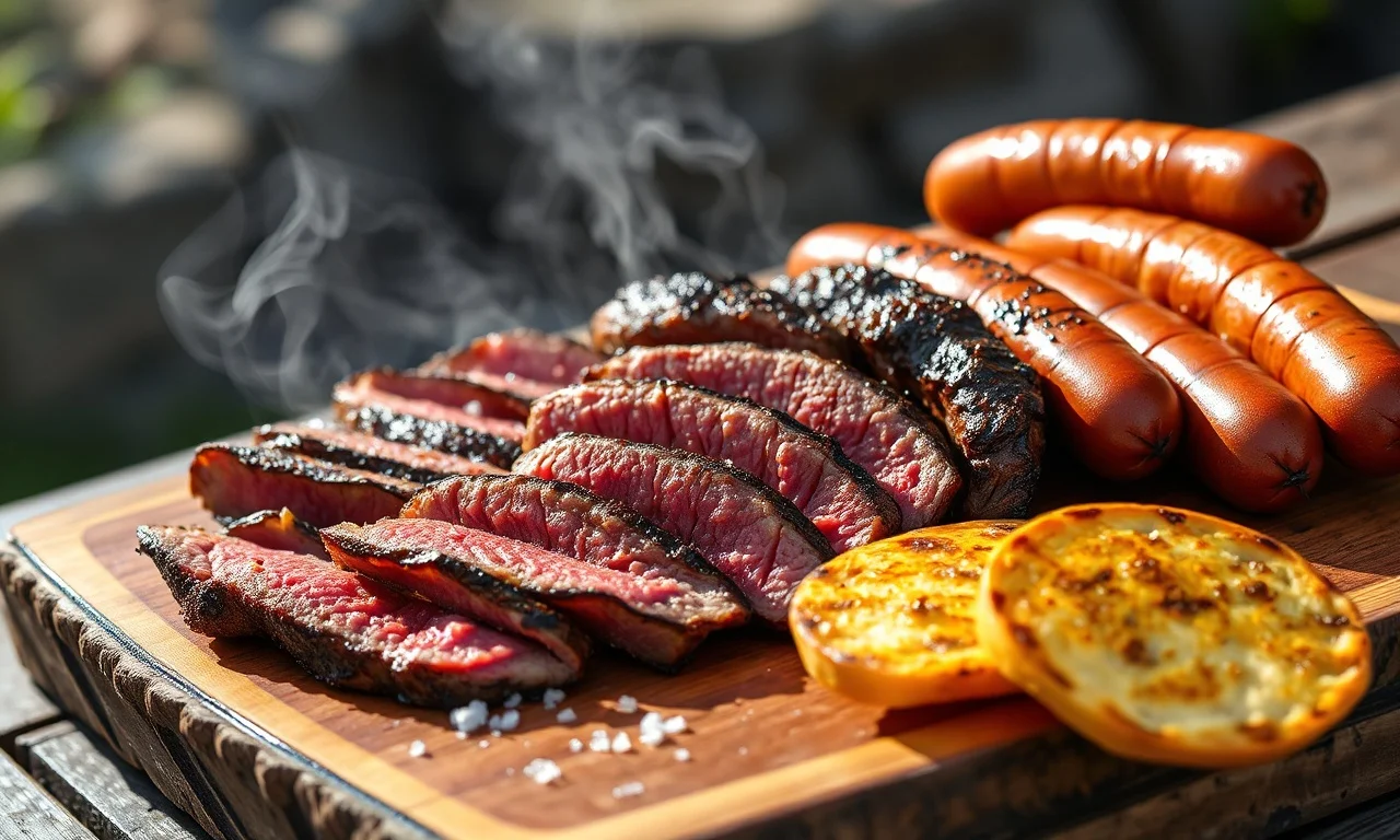 Tábua rústica com cortes variados de carne grelhada e pão de alho