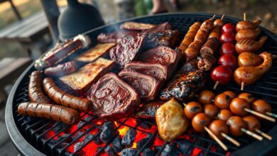 Vista ampla de uma churrasqueira com múltiplos cortes de carne dourados e suculentos, incluindo picanha, costela e linguiças, com brasa viva por baixo e fumaça subindo