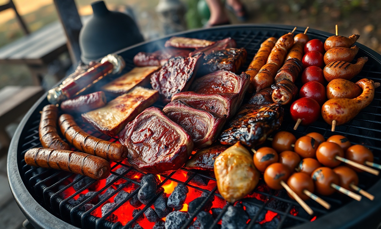 Vista ampla de uma churrasqueira com múltiplos cortes de carne dourados e suculentos, incluindo picanha, costela e linguiças, com brasa viva por baixo e fumaça subindo