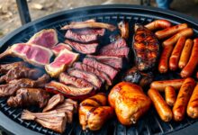 Uma grelha farta e variada, com diferentes cortes de carne no ponto perfeito, pronta para servir uma grande reunião de amigos e família.