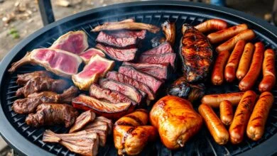 Uma grelha farta e variada, com diferentes cortes de carne no ponto perfeito, pronta para servir uma grande reunião de amigos e família.