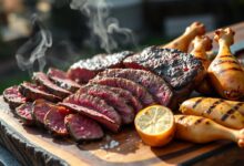 Tábua farta com diversos cortes de carne, linguiça e pão de alho