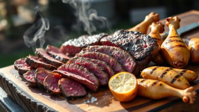 Tábua farta com diversos cortes de carne, linguiça e pão de alho