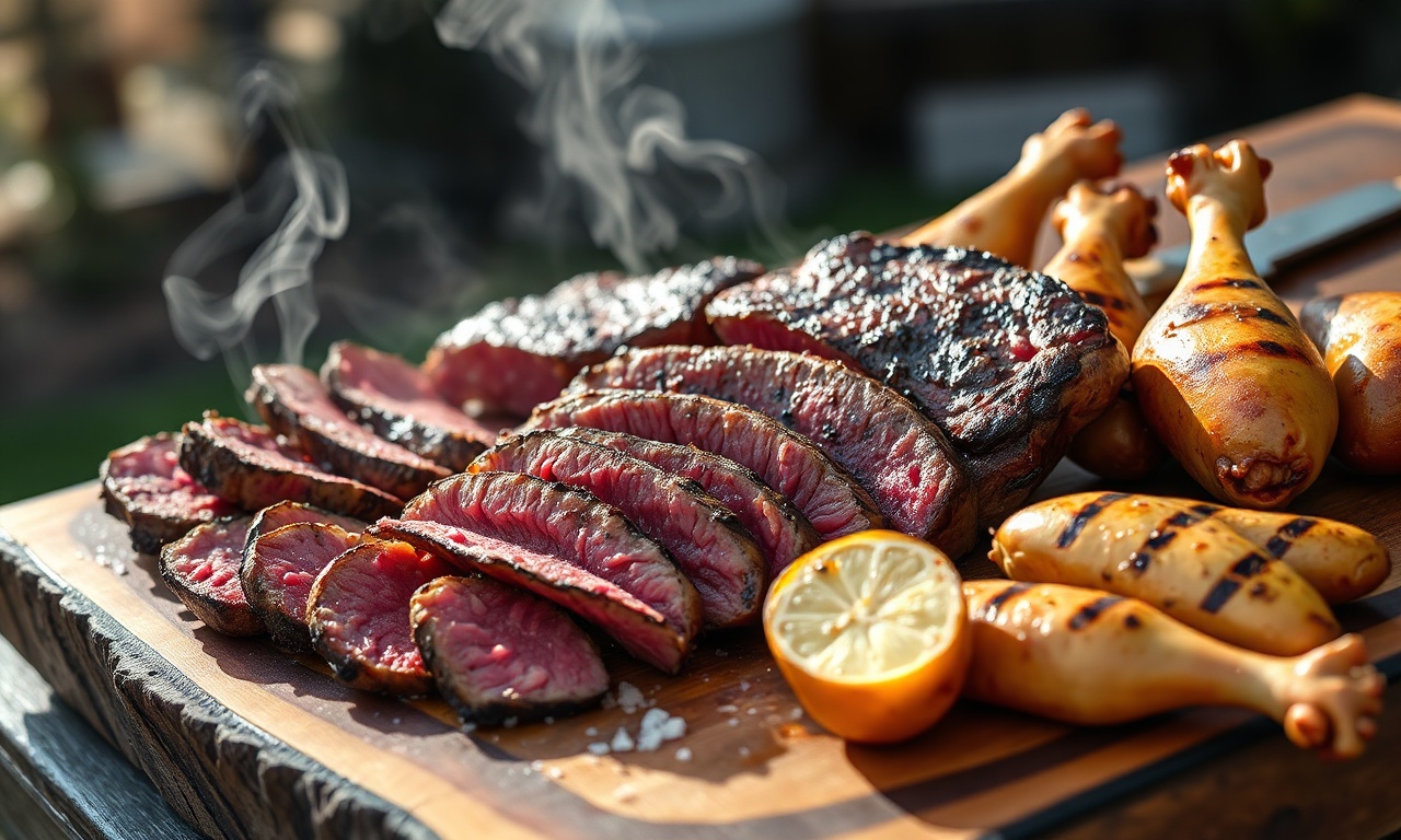 Tábua farta com diversos cortes de carne, linguiça e pão de alho