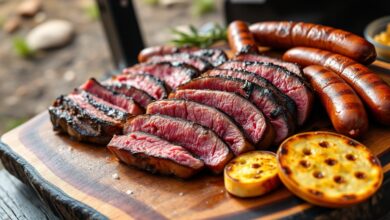 Tábua rústica com diversos cortes de carne fatiados e suculentos