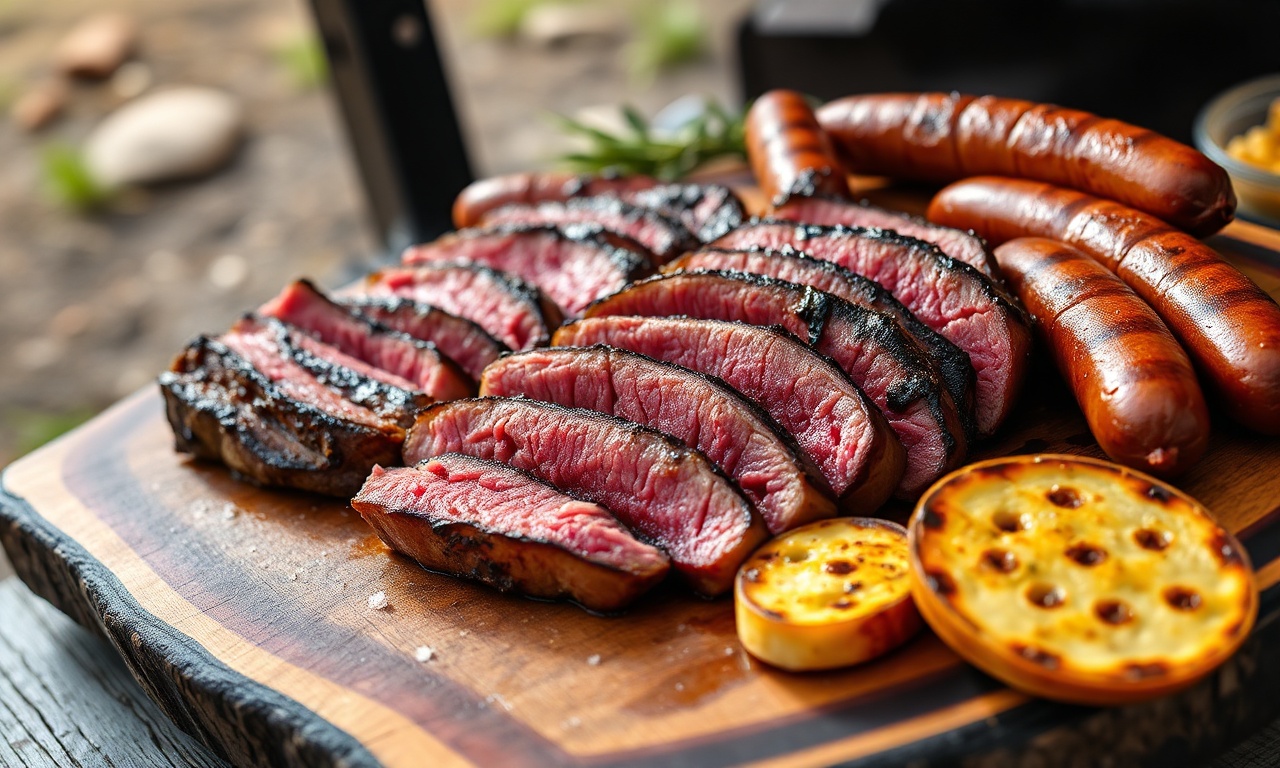 Tábua rústica com diversos cortes de carne fatiados e suculentos