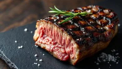 Fatias de carne assada na brasa com brilho de suculência e ramos de alecrim