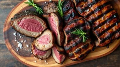 Vista apetitosa de um churrasco com diversos cortes de carne alternativos, como fraldinha, costela e maminha, perfeitamente grelhados, servidos em uma tábua de madeira rústica.