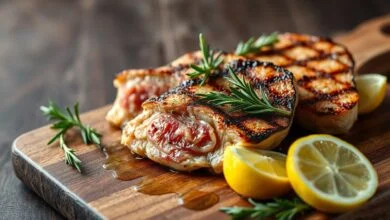 Carnes Para Churrasco Barata: 3 Cortes Macios Em 30 Min 1 Tábua de madeira com fatias de fraldinha, acém e maminha grelhadas, suculentas e douradas, acompanhadas de limão e alecrim.