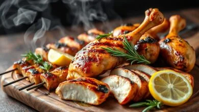 Tábua rústica com espetinhos, coxas e peito de frango grelhados e suculentos