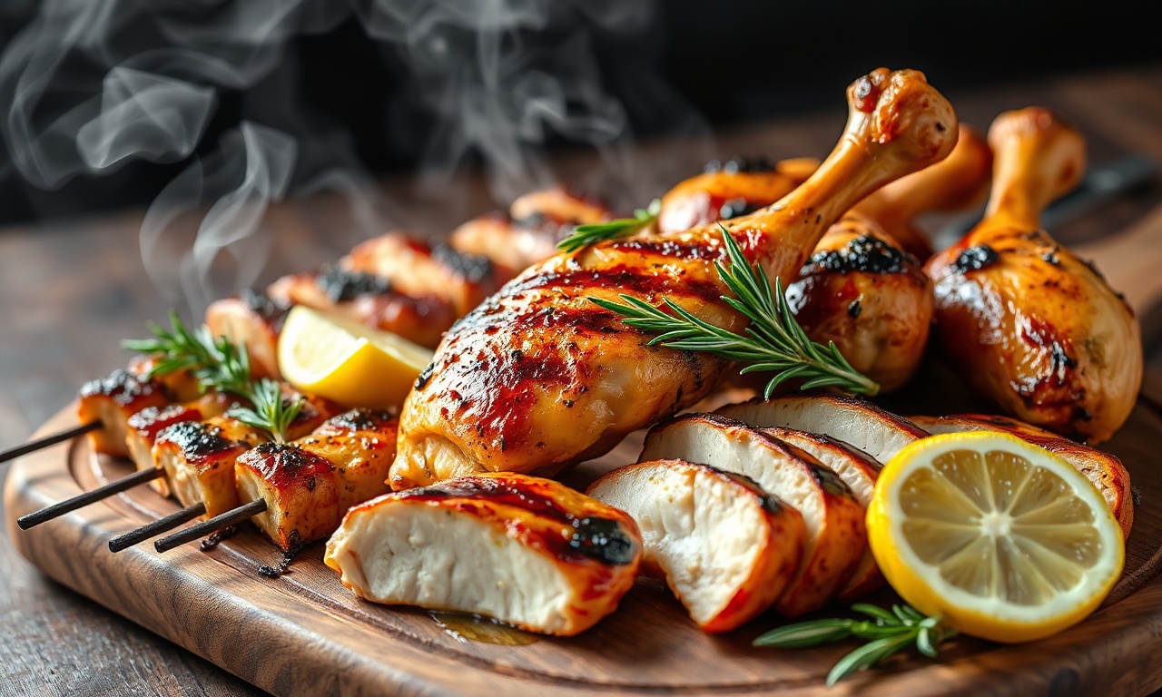 Tábua rústica com espetinhos, coxas e peito de frango grelhados e suculentos